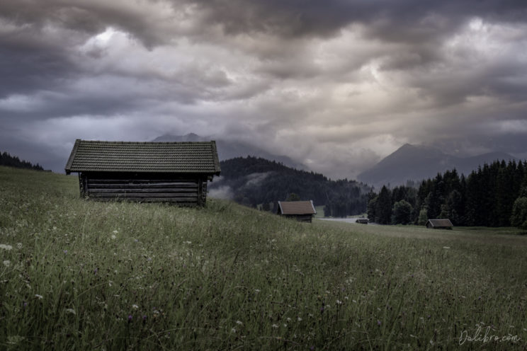 View of the Geroldsee Valley with alpine cabins scattered around