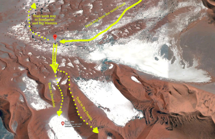 Map of the Deadvlei area shows you which directions you have to walk. Click to see the full size and download / print.