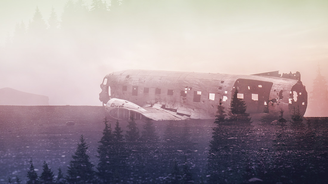 The illusion of a double exposure - Iceland's famous plane wreck combined with a misty forest. I used blending in Photoshop. I also added some fancy colour effects.