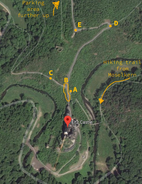 Map of the Eltz Castle area with marked photo spots