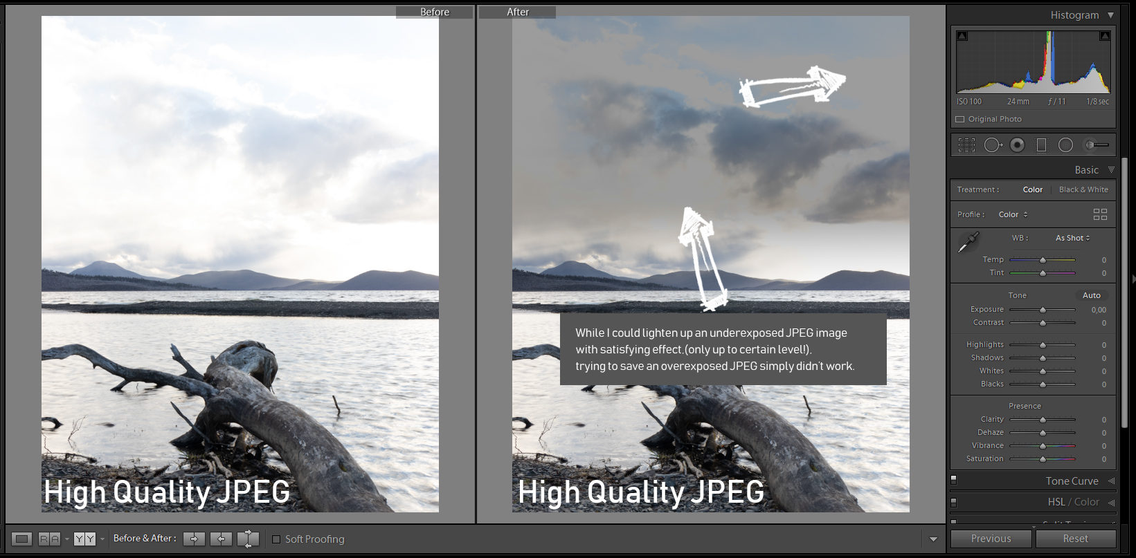Performance of JPEG in the exact same edit proves how powerful the RAW file actually is. You cannot recover any details in the sky, only sort of darken it which looks very awkward and 'muddy'.